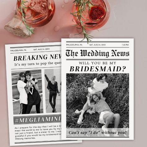 Newspaper Bridesmaid Maid Of Honor Proposal   Invitation Bridesmaid Proposal Note, Maid Of Honor Proposal, Photo Collage Gift, Be My Bridesmaid Cards, Bridal Party Proposal, Wedding News, Bridesmaid Cards, Will You Be My Bridesmaid, Free Birthday Invitations