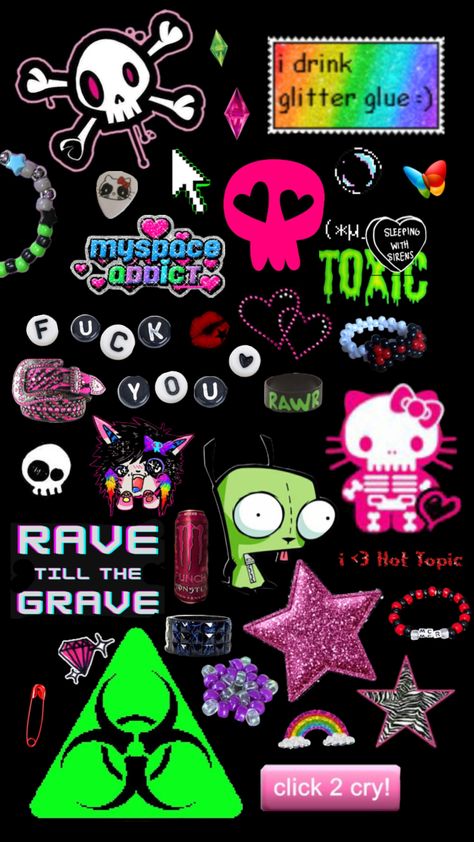 #scene #scenecore #y2k #gir #kandi #cute Scenecore Wallpaper Iphone, Gir Kandi, Scenecore Wallpaper, Scene Core Wallpaper, Cute Shuffles, The Scene Aesthetic, Scene Pfp, Scene Icons, Scenecore Art