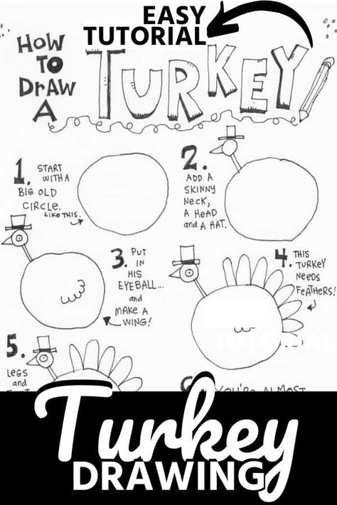 Learn how to draw a turkey in  6 easy steps. Celebrate Thanksgiving with a cartoon turkey drawn by you! #Thanksgiving #howtodraw #cartoon #turkey Easy Turkey Doodle, How To Draw Turkey, Turkey Doodle Easy, How To Draw A Turkey Easy, How To Draw A Turkey, Easy Thanksgiving Drawings, Thanksgiving Doodles Easy, Simple Turkey Drawing, Thanksgiving Drawings Easy