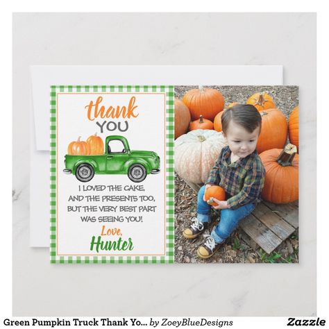 Red Pumpkin, Tractor Birthday Party, Red Pumpkins, Thank You Card Size, Tractor Birthday, Pumpkin Birthday, Birthday Thank You Cards, Pumpkin Truck, Custom Thank You Cards