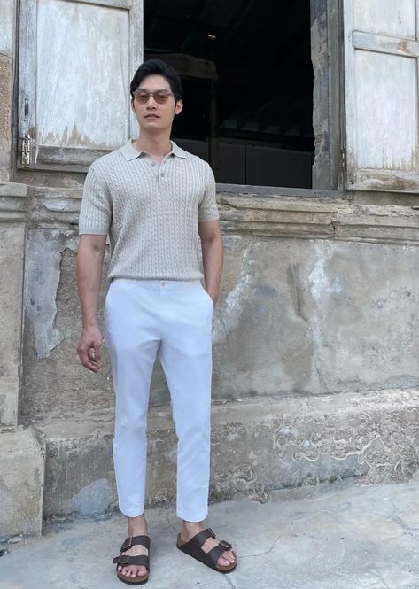 Scandinavian Style Men Summer, Bangkok Outfit Men, Birkenstock Outfit Summer Men, Bangkok Thailand Outfit Ideas Men, Guys Picnic Outfit, Thailand Outfit Ideas Men, Mens Birkenstocks Outfit, Gentlemen Aesthetic, Thailand Ootd