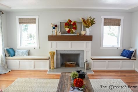 DIY fireplace remodel with built in window seats Window Seats Ideas, Storage Bench Outdoor, Built In Around Fireplace, Built In Window Seat, Craftsman Fireplace, Simple Fireplace, Fireplace Seating, Diy Storage Bench, Outdoor Window