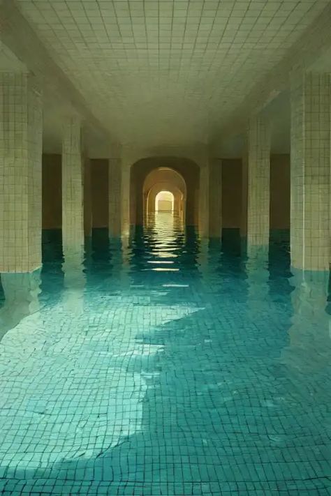 Space Tunnel, Mosaic Water, Pool White, Liminal Space, Water Pool, White Mosaic, Dream Pools, Dim Lighting, Labyrinth