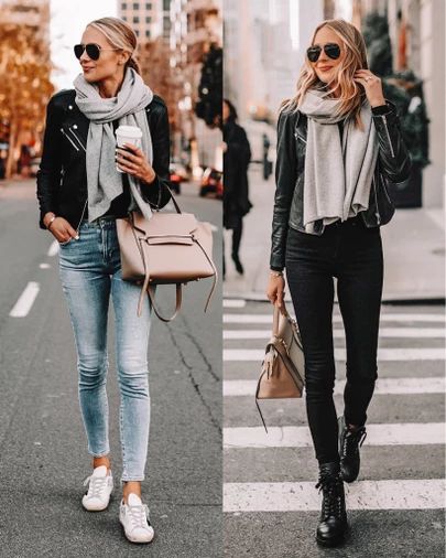 Fashion Jackson, black leather jacket, street style, gifts for her, grey scarf, combat boots, http://liketk.it/32TRY #liketkit @liketoknow.it #LTKgiftspo #LTKsalealert #LTKunder100 Work Travel Outfit, Madewell Leather Jacket, Black Leather Jacket Outfit, Cashmere Travel Wrap, Blazer Outfits Casual, Amy Jackson, Fashion Jackson, Leather Jacket Outfits, Fall Capsule Wardrobe