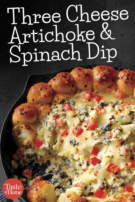 Three Cheese Artichoke & Spinach Dip Baked Three Cheese Spinach Artichoke Dip, Three Cheese Artichoke Dip, Evil Smirk, Hot Spinach Artichoke Dip, Artichoke Spinach Dip, Artichoke And Spinach, Food Dips, Cheese Dips, Eggplant Pizzas