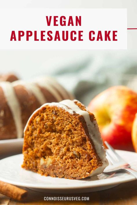 This vegan applesauce bundt cake is packed with spices, brown sugar, and walnuts, and topped with a sweet and buttery maple glaze! Applesauce Bundt Cake, Vegan Applesauce, Vegan Apple Cake, Apple Cake Recipe, Applesauce Cake, Vegan Apple, Vegan Cake Recipes, Healthy Vegan Desserts, Apple Cake Recipes