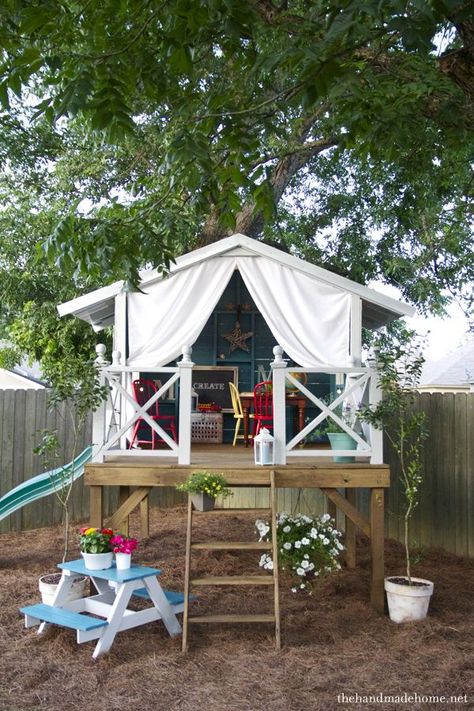 DIY Kids Outdoor Playset Projects • A roundup of 12 of the best projects we could find - with tutorials! • Including this one from the handmade home. Backyard Trees, Tree House Designs, Playhouse Outdoor, Backyard Fun, Shed Plans, Play House, Kid Spaces, Outdoor Projects, Outdoor Play