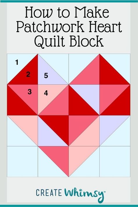 Learn how to make this simple heart quilt block pattern using only squares and half square triangles, perfect for beginners who want to practice patchwork and half square triangles. Scrappy Heart Quilt Block Pattern, Heart Quilt Pattern Easy, Heart Quilt Square, Quilt Patterns With Hearts, Heart Blocks Made Easy, Valentine Quilt Patterns Free, Heart Quilt Blocks Free Pattern, Scrabble Quilt, Heart Quilt Blocks