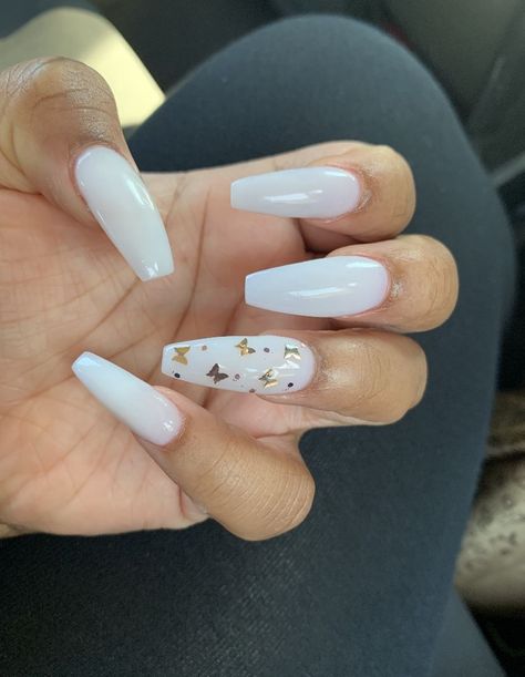 White Acrylic Nails With Butterflies, Acrylic Nails With Butterflies, Soft White Acrylic, Nails With Butterflies, Glitter Nails Acrylic, Diy Acrylic Nails, White Acrylic Nails, Simple Acrylic Nails, Long Acrylic Nails Coffin