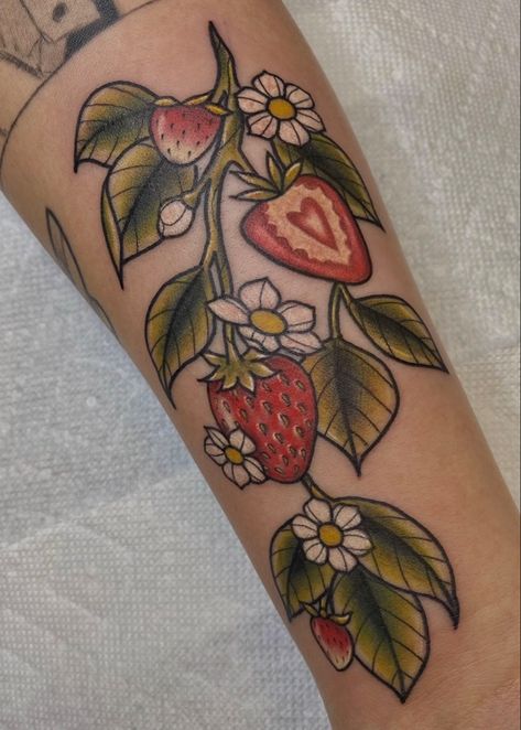 Strawberry And Flowers Tattoo, Strawberry Tattoo Neotraditional, Strawberry And Bee Tattoo, Neo Trad Strawberry Tattoo, American Traditional Raspberry Tattoo, Strawberry Diagram, Strawberry Elbow Tattoo, Neo Traditional Fruit Tattoo, Neotraditional Plant Tattoo