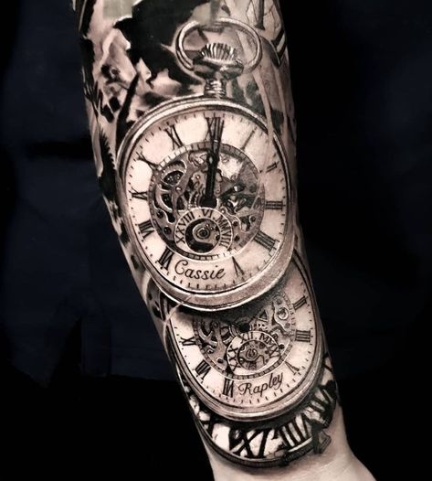 Birth Clock Tattoo Men, Double Clock Tattoo, Clock Sleeve Tattoos For Guys, 2 Clock Tattoo Design, Men Clock Tattoo Ideas, Clock Tattoo Design Men, Clock Tattoo Design For Men, Tattoos Clock, Dean Tattoo