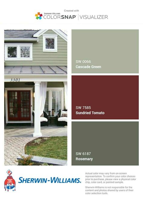 I just created this color palette with the Sherwin-Williams ColorSnap® Visualizer app on my Android phone. What do you think? You can learn more about ColorSnap Visualizer and get it on your phone free by visiting http://www.sherwin-williams.com/colorsnap. Red Brick Farmhouse Exterior, Red Siding House Exterior, Olive Green House Exterior, Sage Green House, Entryway Paint, Green House Exterior, Sherwin Williams Exterior, Shutter Colors, Outside Paint