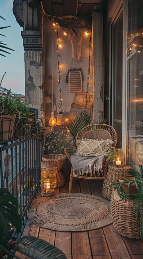 +60 Stunning Small Boho Balcony Ideas - DecorWithEva Boho Small Patio, Cozy Porch Seating Ideas, Small Apartment Porch Ideas, Cosy Balcony Ideas, Bohemian Balcony, Tiny Outdoor Space, Colorado Apartment, Cosy Balcony, Apartment Porch