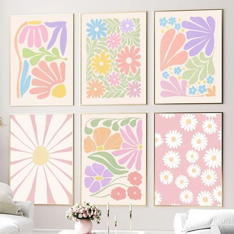 Decorate your bedroom walls with this aesthetic minimalist styled canvas wall art floral prints. These gallery wall art posters perfectly will fit almost any danish pastel or minimalism styled room. Eco-friendly canvas is the most advanced material in aesthetic posters industry at the moment. Allowing to print bold full-colored rich and vibrant art it can be used in almost any conditions: bedroom, living room bathroom or even outdoors. Easily washable and extremely durable - can't be crumpled or Aesthetic Paintings For Living Room, Painting Ideas On Canvas Pastel Colors, Cute Bathroom Paintings Canvas, Posca Pastel Art, 3 Canvas Painting Ideas Diy Wall Art, Something To Paint On Canvas, Poster Prints Pastel, Wall Full Of Paintings, Diy Wall Posters