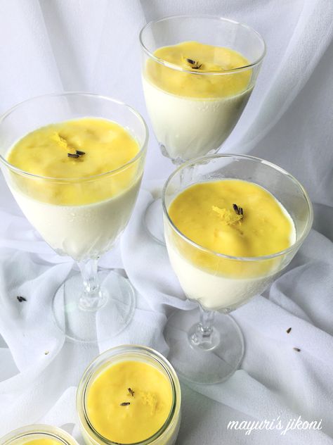 Lavender Lemon Panna Cotta with Lemon Curd - Mayuri's Jikoni Limoncello Lemon Curd, Lavender Honey Posset, Lemon Curd Chia Pudding, Lemon And Lavender Desserts, Lemon Lavender Tart, Lemon Panna Cotta, Pomegranate Jelly, Lemon Pickle, Lemon Drink