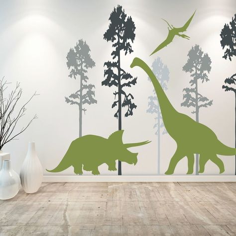 A set of handmade, matte-finish vinyl dinosaur wall decals to Jurassic up any boring wall in a dino-loving child's room. Also, they're easy to remove and won't take the paint off with them. Dinosaur Theme Room, Dinosaur Mural, Boys Wall Decor, Dinosaur Decor Bedroom, Large Wall Stickers, Dinosaur Wall Decor, Dinosaur Room Decor, Dinosaur Wall Decals, Dinosaur Bedroom