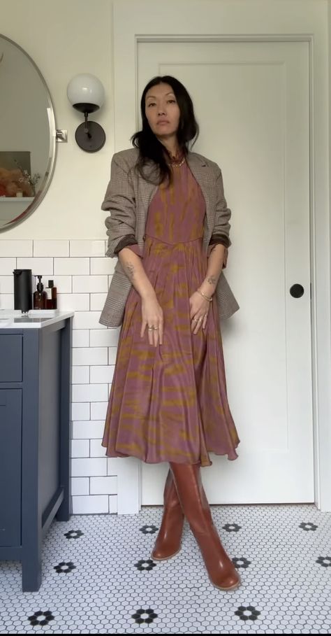 dress + blazer + tall boots Long Dress With Tall Boots, Long Dress Tall Boots, Skirt With Riding Boots Outfit, Riding Boots Outfit 2024, Tall Boots With Dress, Tall Boots Outfit Fall Styles, Light Brown Boots Outfit, Brown Boots Outfit Winter, Meredith Peck