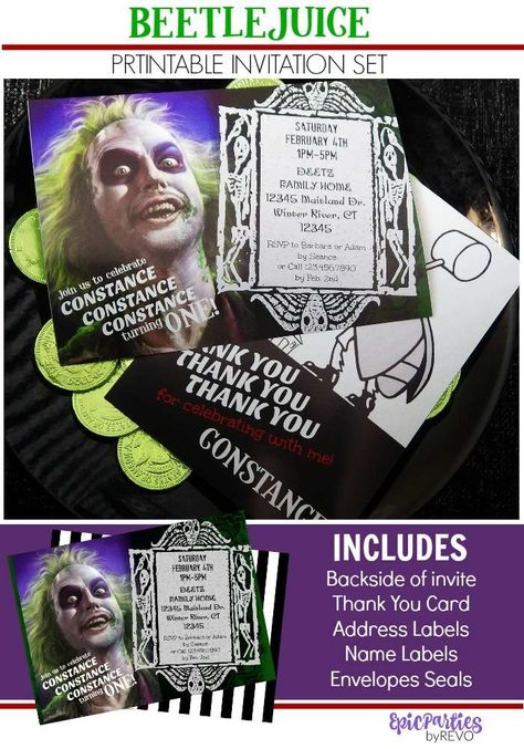 Beetlejuice Birthday Party Ideas | Photo 1 of 35 Beetlejuice Invitations, Beetlejuice Birthday Party, Beetlejuice Birthday, Beetlejuice Party, Haunted Wedding, Juice Party, Beetlejuice Halloween, Epic Party, Beetle Juice