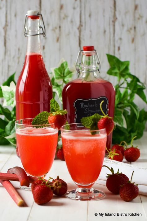 Strawberry Concentrate, Strawberry Cordial, Rhubarb Cordial, Rhubarb Strawberry, Rhubarb Syrup, Botanical Kitchen, Bistro Kitchen, Summertime Drinks, Strawberry Juice