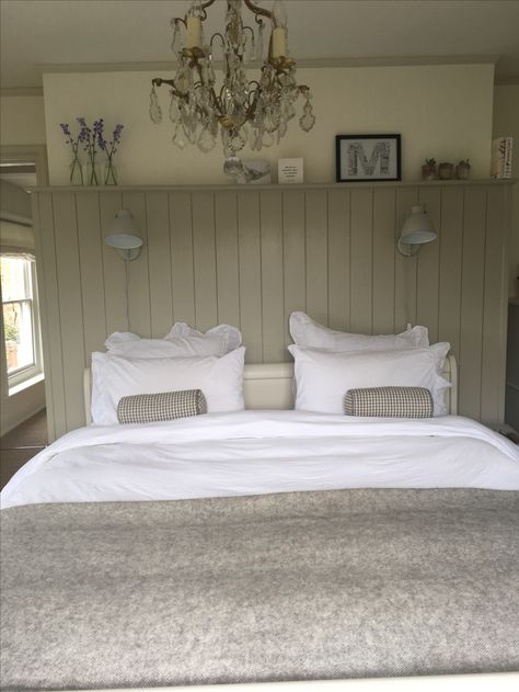 Bedroom With Tongue And Groove Walls, Tongue In Groove Panelling, Tongue Groove Panelling Bedroom, Panelling Tongue And Groove, Farrow And Ball Bedroom Panelling, Panelled Ceiling Bedroom, Cottage Bedroom Panelling, Tongue And Grove Wall Panelling, Tongue And Groove Ideas