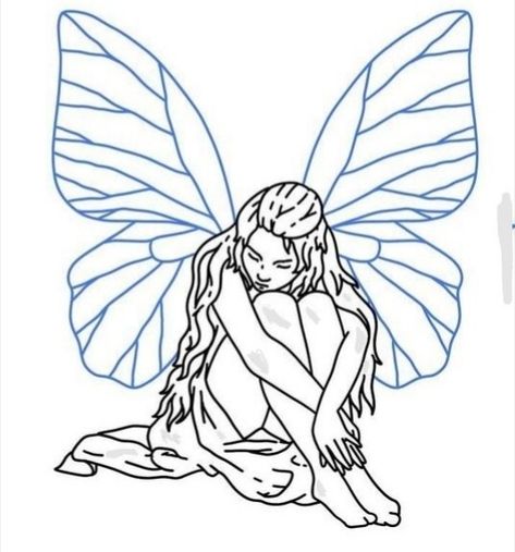 Fairy Hugging Herself Tattoo, Naked Fairy Tattoo, Fairy Stencil, Floral Thigh Tattoos, Tiny Wrist Tattoos, Thigh Tattoos, Fairy Tattoo, Blue Fairy, Subtle Tattoos