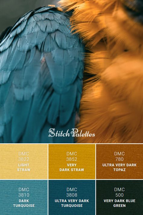 DMC floss color palette for cross stitch and embroidery projects. Floss colors used: 3822 Light Straw, 3852 Very Dark Straw, 780 Ultra Very Dark Topaz, 3810 Dark Turquoise, 3808 Ultra Very Dark Turquoise, 500 Very Dark Blue Green Stitch Palette, Visuell Identitet, Color Schemes Colour Palettes, Room Color Schemes, Color Palette Design, Color Inspo, Colour Board, Paint Colors For Home, Colour Schemes