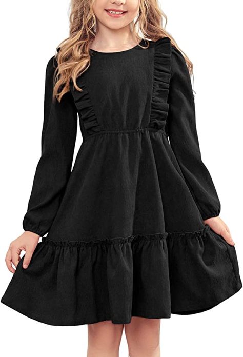 Amazon.com: Arshiner Girl's Vintage A-Line Ruffle Swing Party Solid Color Dress with Pockets for 7-8 Years: Clothing, Shoes & Jewelry Long Top Dress, Girls Ruffle Dress, Dress Book, Girls Frock Design, Girls Casual Dresses, Button Long Sleeve, Stylish Dress Book, Solid Color Dress, Dresses Ideas