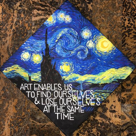 Starry Night Graduation Cap, Art Student Graduation Cap, Van Gogh Graduation Cap, Artsy Grad Cap Ideas, Graduation Art Ideas, Graduation Painting Ideas Canvases, Artistic Graduation Cap, Graduation Cap Designs For Artist, Artist Graduation Cap