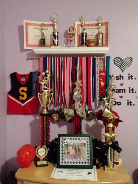 Cheer Medal/Trophy Display Cheer Trophy Display Ideas, Cheer Trophies, Cheer Room Decor, Cheer Trophy, Cheer Awards, Cheer Room, Vision Board Materials, Crown Display, Birthday Room