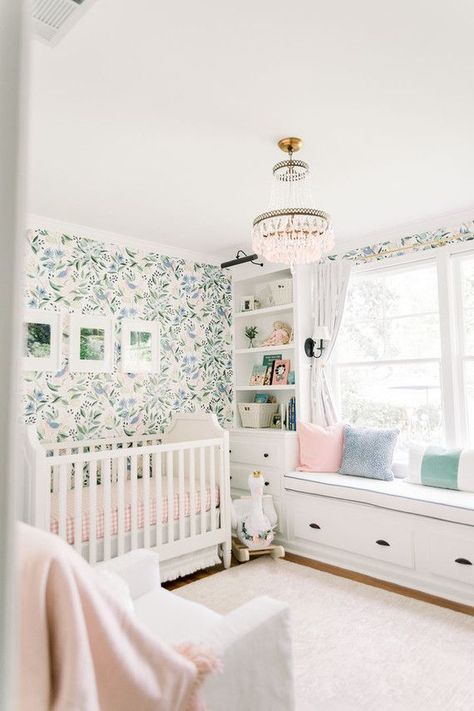 Bright floral nursery decor | Girls nursery ideas Bright Floral Nursery, Floral Wallpaper Nursery, Baby Nursery Inspiration, Floral Nursery Decor, Girl Nursery Room, Nursery Room Inspiration, Baby Room Design, Nursery Baby Room, Project Nursery