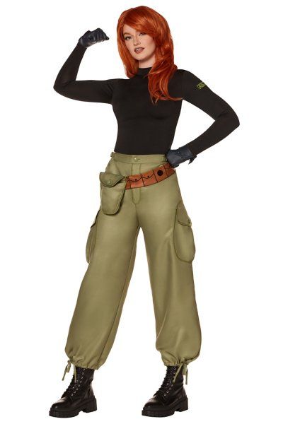 "What's the sitch?" Get ready to take down Dr. Drakken in style when you wear this officially licensed Kim Possible Costume. This incredible set includes Kim's signature black top and green cargo pants, as well as a wig, a pair of gloves, and a belt with an attached pouch. Prepare for your next mission! Officially licensed Includes: Top Pants Wig Gloves Belt with pouch Crewneck Long sleeves Zipper closure Material: Polyester, spandex Care: Spot clean Imported Note: Shoes sold separately Despicable Me Halloween Costume, Kim Possible Costume, Despicable Me Costume, Kim Possible Cosplay, Halloween Costumes Brunette, Home Halloween Costumes, Disney Adult, Diy Costumes Women, Womens Cosplay