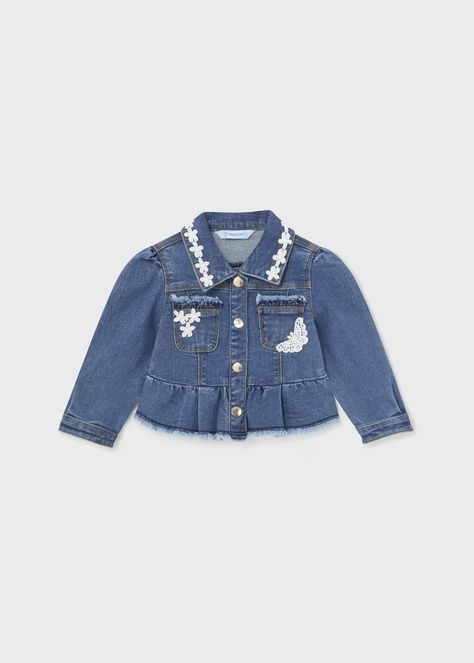 Baby ruffled denim jacket Better Cotton Ruffled Denim Jacket, Polo Shirt Outfits, Chic Outerwear, Girls Denim Jacket, Stretch Cotton Fabric, Girls Outerwear, Embroidered Collars, Girls Denim, Denim Jean Jacket