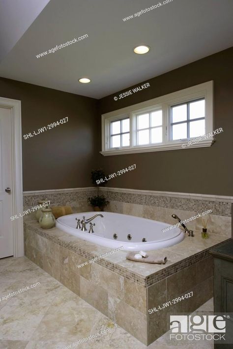 Bathroom Mosaic, Square Windows, Mosaic Bathroom, Whirlpool Tub, Neutral Paint, Color Effect, Photo Library, Mosaic Tile, Corner Bathtub