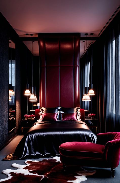 Unveil the allure of a modern bedroom bathed in rich crimson tones. Opulent fabrics and ambient lighting come together to create an inviting retreat that radiates romance and comfort, making it the ideal escape for those who appreciate the finer things in life! #redrooms #redroom #pleasureroom #blackroom #blackbedroom #masterbedroom #gothicbedroom #luxuriousbedrooms Seductive Bedroom Ideas Romantic, Luxury Interior Bedroom, Luxurious Hotel Rooms, Dream Penthouse, Bedroom Plan, Bedroom Ideas Romantic, 80s Interior, Red Bedroom, Episode Backgrounds