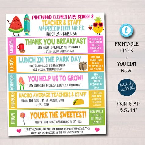 Teacher Appreciation Week Flyer Staff Invitation Printable | Etsy Pta Organization, Appreciation Themes, Beach Fruit, Teacher Appreciation Week Themes, Fruit Diy, Schedule Of Events, Staff Appreciation Week, School Pto, Week Schedule