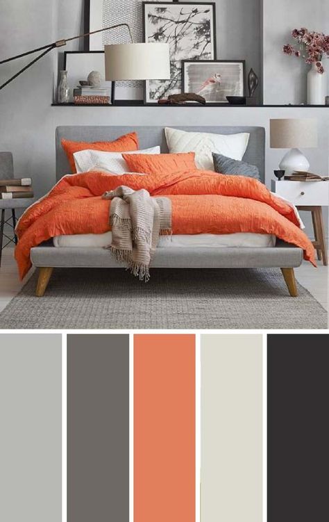 Colors That Go With Orange-Orange Color Combinations | Homesthetics - Inspiring ideas for your home. Grey Orange Bedroom, Choosing Bedroom Colors, Best Bedroom Paint Colors, Beautiful Bedroom Colors, Orange Bedroom, Bedroom Orange, Grey Bedroom, Bedroom Color, Bedroom Color Schemes