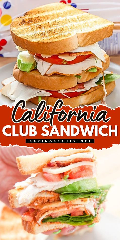 This mile-high California club sandwich is packed with turkey, bacon, and creamy avocado. If you try it once, you will be craving it again and again! Cali Club Sandwich, Mcallister Club Sandwich Recipe, The Best Club Sandwich, California Club Sandwich, Club Sandwich Ingredients, Club Sandwich Recipe, Turkey Club Sandwich, Club Sandwich Recipes, Club Sandwich