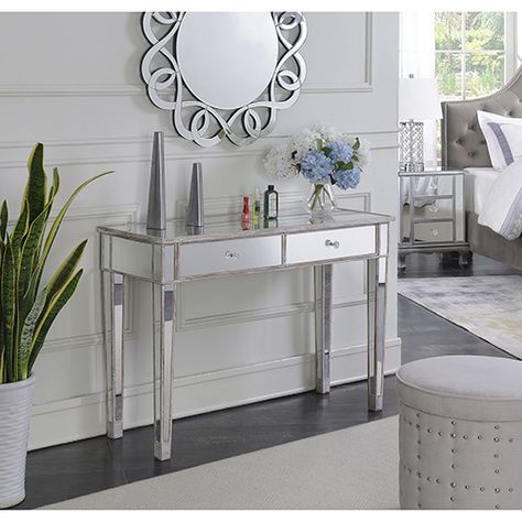 Convenience Concepts Gold Coast Mirrored Desk 413372ww | Bellacor Mirrored Desk, White Writing Desk, Iron Desk, Sleek Desk, Marble Round Coffee Table, End Tables With Drawers, Wood Writing Desk, Desk Mirror, Weathered White