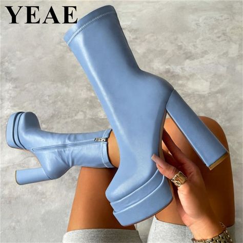 Spring Autumn Women Chunky Heel Ankle Boots Thick Sole Stretch Platform Boots Fashion High Heels Sewing Plush, Best Shoes For Women, Shoe Outfits, Storage Shoes, Shoe Storage Ideas, Shoes Storage, Chunky Heel Ankle Boots, Boots For Short Women, Socks Shoes