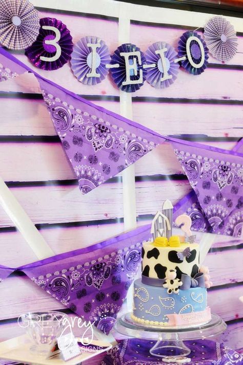 THREE I E I O Purple Farm Party | CatchMyParty.com Rodeo Birthday Parties, Farm Animal Party, Rodeo Birthday, Cow Birthday, Purple Cow, Cowboy Party, Farm Party, Birthday Planning, Karas Party Ideas