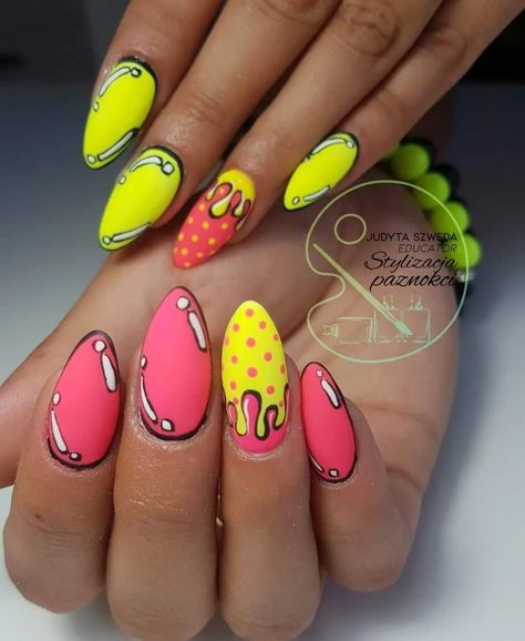 Funky Summer Nail Designs, Pop Art Nails Designs Simple, Cartoon Pop Art Nails, Comic Nails Designs, Comics Nails, Pop Art Nails Designs, Comic Nail Art, Comic Nails, Watermelon Nail