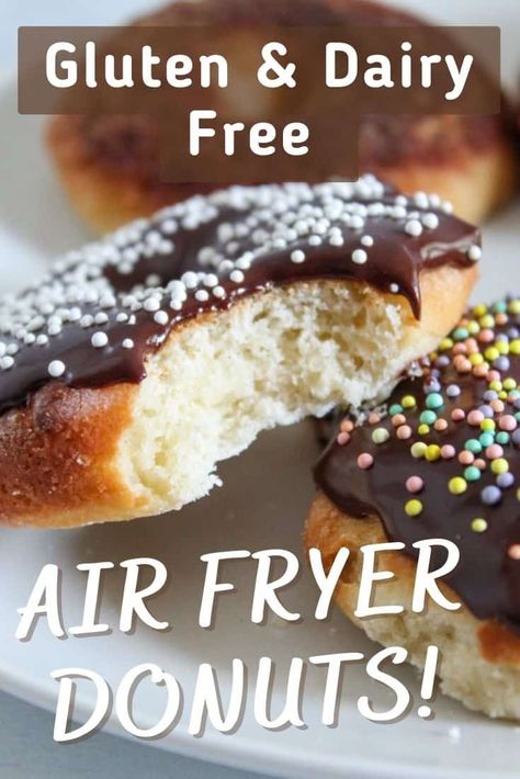 These gluten free air fryer donuts are incredibly light and fluffy. Topped with a chocolate glaze or simple cinnamon sugar, they are the ultimate gluten and dairy free treat. This simple recipe delivers delicious bakery-style yeast donuts in just under an hour! Gluten Free Air Fryer Dessert Recipes, Gluten Free Doughnuts Air Fryer, Gluten Free Air Fryer Donut Recipes, Gluten Free Yeast Donut Recipe, Gluten Free Donuts Air Fryer, Gluten Free Air Fryer Bagels, Air Fryer Gluten Free Recipes, Gluten Free Doughnuts Baked, Gluten Free Baked Donut Recipe