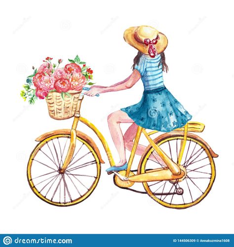 Basket Illustration, Yellow Bicycle, Green Bicycle, Bicycle Illustration, Bike With Basket, Bike Illustration, Riding Bike, Summer Illustration, Art And Illustration