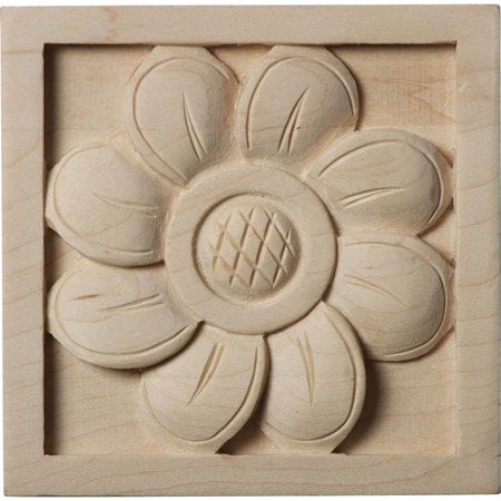 3 1/2 inchW x 3 1/2 inchH x 5/8 inchP Small Sunflower Square Rosette, Lindenwood, Multicolor Wood Rosettes, Small Sunflower, Wood Appliques, 3d Cnc, Architectural Pieces, Tanah Liat, Historical Design, Alder Wood, Sunflower Design