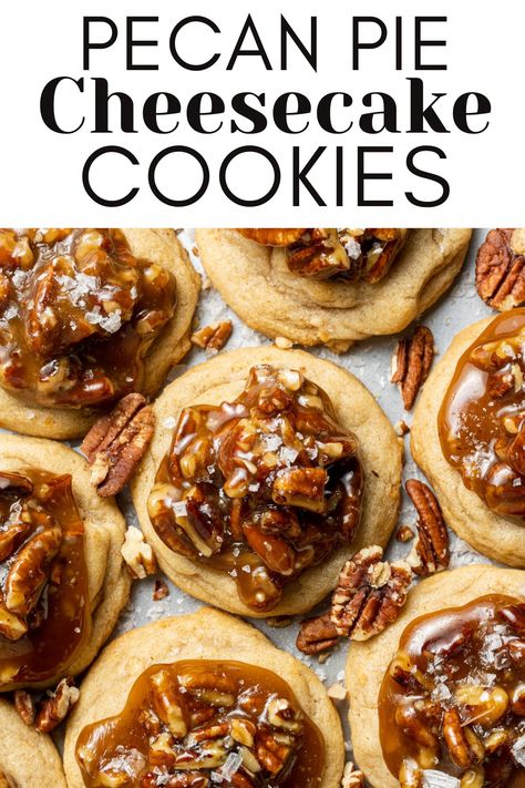 Get ready for the holiday season with these pecan pie cookies! These pecan pie cheesecake cookies are a combination of pecan pie cheesecake and cookies - they are stuffed with a cheesecake filling and topped with pecan pie filling! They’ll be your new favorite! Pecan Pie Cheesecake Cookies, Pecan Pie Cheesecake Bites, Apple Pie With Cheese, Spiced Cheesecake, Healthy Pecan Pie, Dessert Favorites, Pecan Pie Cookies, Cookie Glaze, Pecan Desserts