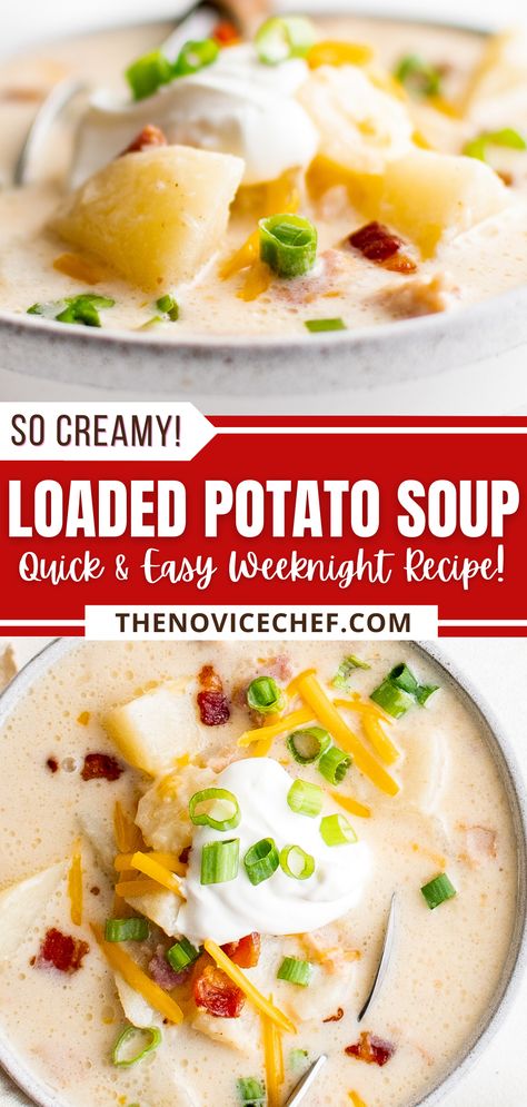 This Loaded Baked Potato Soup is the ultimate comfort food dinner! Topped with crispy bacon, cheddar cheese, and chives, you won’t be able to resist a second bowl. Cheddar Bacon Potato Soup, Loaded Baked Potato Soup Easy, Baked Potato Soup Easy, Potato Cheddar Soup, Best Potato Soup, Potato Soup Easy, Loaded Potato Soup, Bacon Potato, Loaded Baked Potato Soup