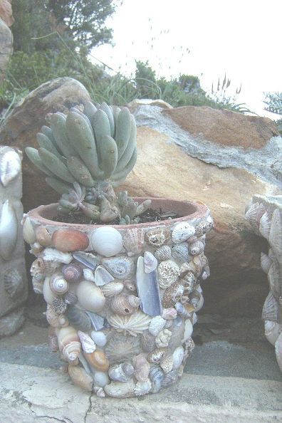 using shells to decorate flower pots, container gardening, crafts, flowers, gardening Seashell Terracotta Pots, Seashell Planters Flower Pots, Seashell Flower Pot, Crafts With Seashells Ideas, Seashell Stepping Stones, Seashell Garden Ideas, Seashells In The Garden, Diy Pot Decorating Ideas, Seashell Pots