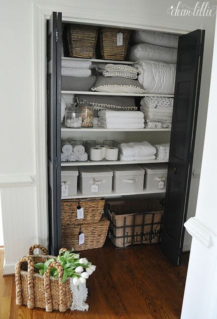 Some Progress in Our Upstairs Hallway and Linen Closet - Dear Lillie Studio Decoration Hall, Organizing Linens, Organized Closet, Hallway Closet, Bathroom Storage Solutions, Linen Cupboard, Upstairs Hallway, Linen Closet Organization, Hall Closet