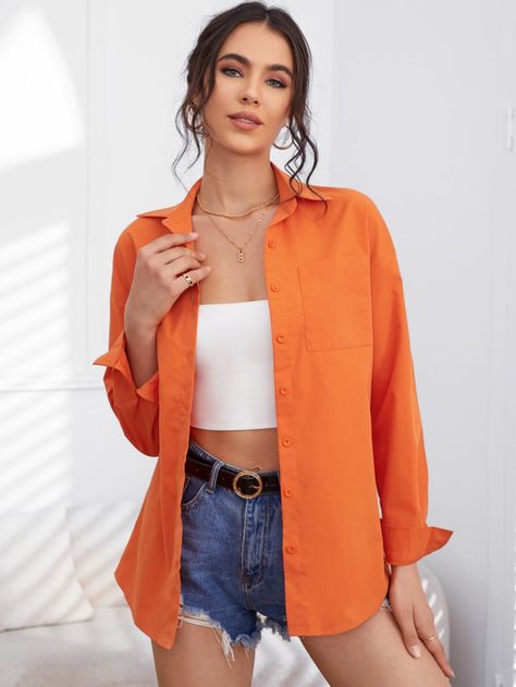 Orange Polo Outfit Woman, Orange Shirt Outfit Women, Orange Oversized Shirt Outfit, Orange Shirt Outfit Summer, Orange Button Up Shirt Outfit, Orange Blouse Outfit, Orange Outfit Aesthetic, Orange Shirt Outfit, Pink Shirt Outfit