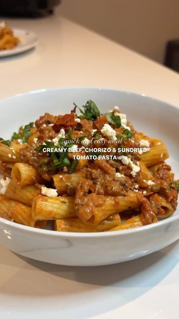 Beef Chorizo Recipes, Chorizo Recipe, Beef Chorizo, Sun Dried Tomato Pasta, Sundried Tomato Pasta, Creamed Beef, Chorizo Recipes, Garlic Puree, Tomato Puree